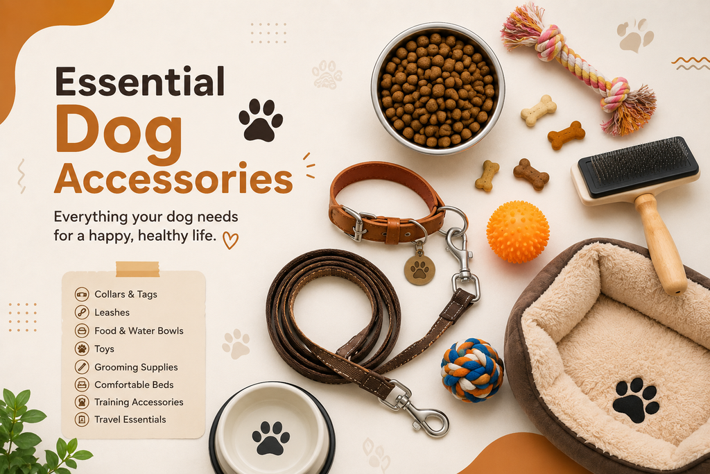Essential dog accessories including food, toys, leash and grooming supplies